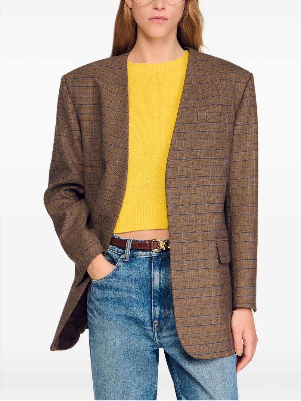 Women's Brown Plaid Blazer Jacket - Tailored Open-Front Blazer